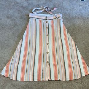 Boho Striped Button up Flowy Tie Linen Colorful Spring Long Midi Skirt